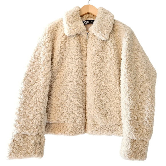 Zara Teddy Sherpa Boho Cropped Bomber Contemporary Jacket Cream Size Medium. - Picture 3 of 16